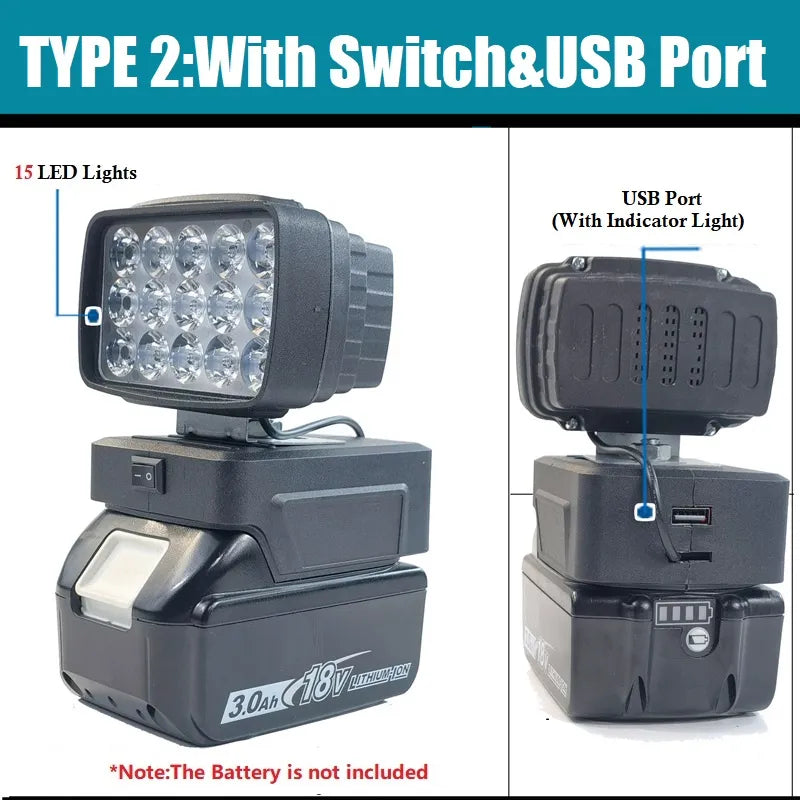 LED-Licht mit USB-Ladegerät mit Schalter für Makita 18V Li-Ion-Batterie