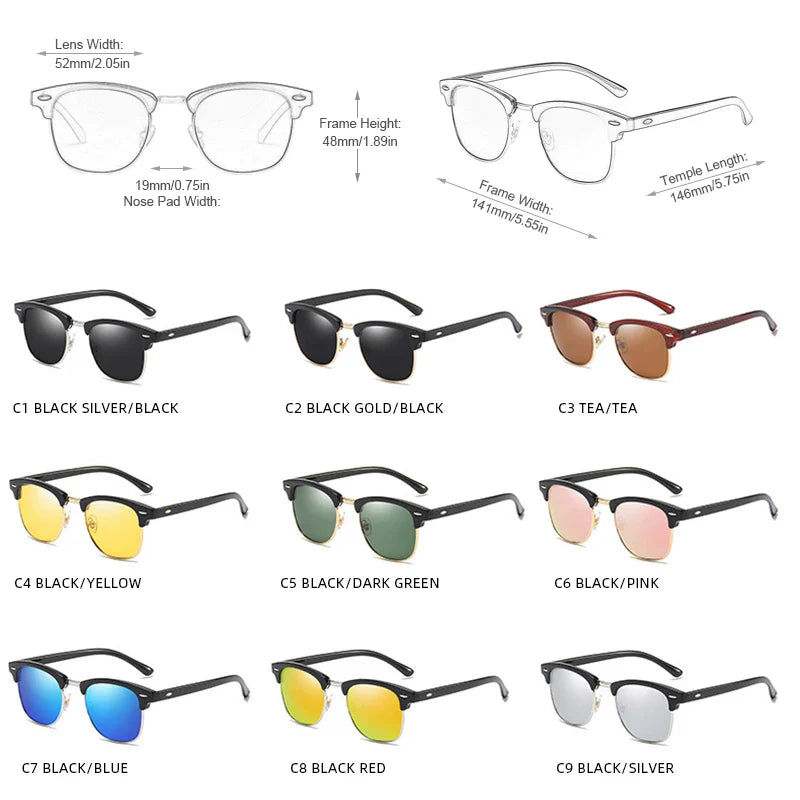 Sandsberg | Halbrahmen Polarisierte Sonnenbrille Retro Nieten Design Schwarze Anti-Blendung Brille für Herren & Damen