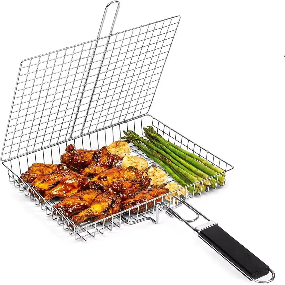 Großes Edelstahl Grillkorb – Klappbares BBQ-Regal für Fisch, tragbare Outdoor-Camping- & Kochzubehör