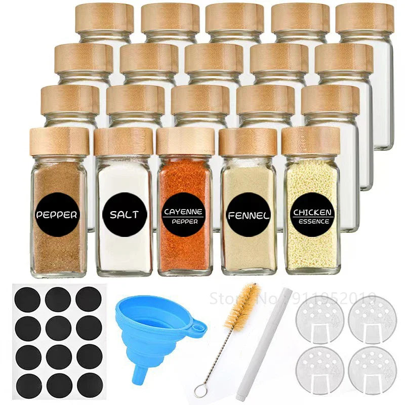 12 Stück Glas Gewürzgläser - 4 oz Glas Gewürzgläser mit Bambusdeckeln, Minimalistische Bauernhaus Gewürzetiketten Aufkleber, Zusammenklapptrichter