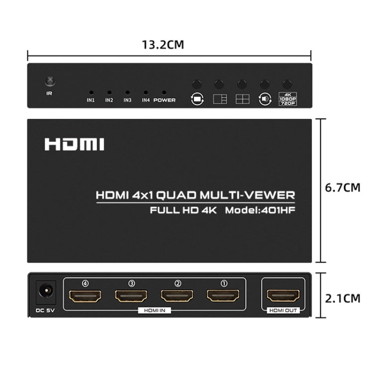 Sandsberg | FJGEAR FJ-401HF 4 In 1 Out 4K HDMI Splitter Unterstützt Vier Bildschirm-Segmentierung, Steckertyp:EU-Stecker(Schwarz)
