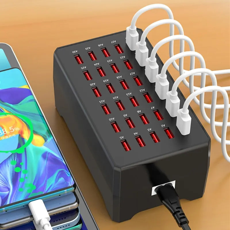 USB-Ladegerätestation - Multi-Port USB-Hub-Ladegerät für bis zu 30 Geräte