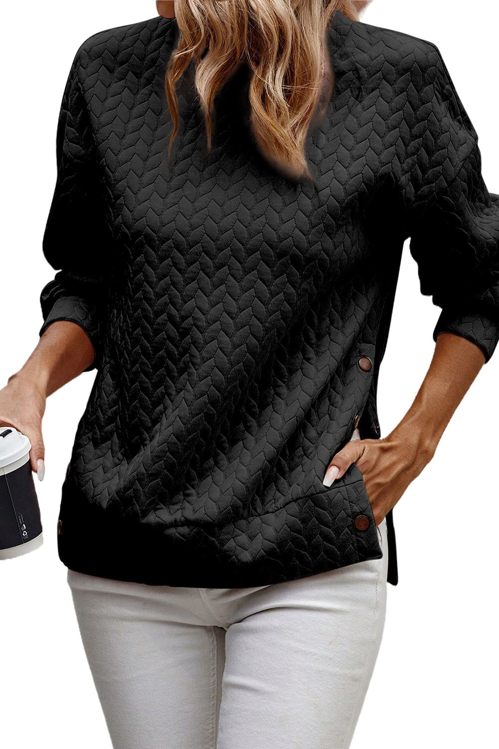 Schwarzer gesteppter Sweatshirt mit Druckknopfdetails und überschnittenen Schultern