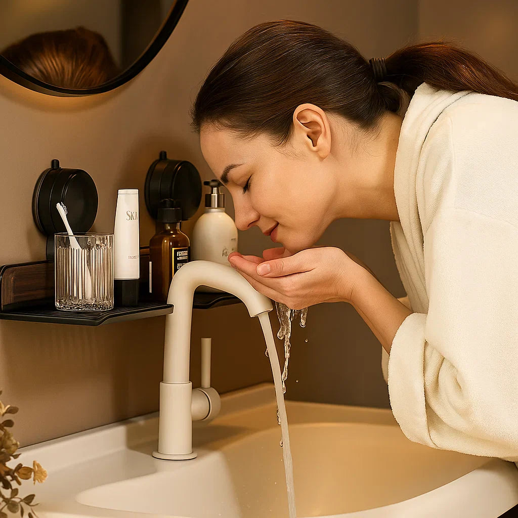 Sandsberg | Badezimmer Saugnapf Waschbeckenablage im Walnuss Design