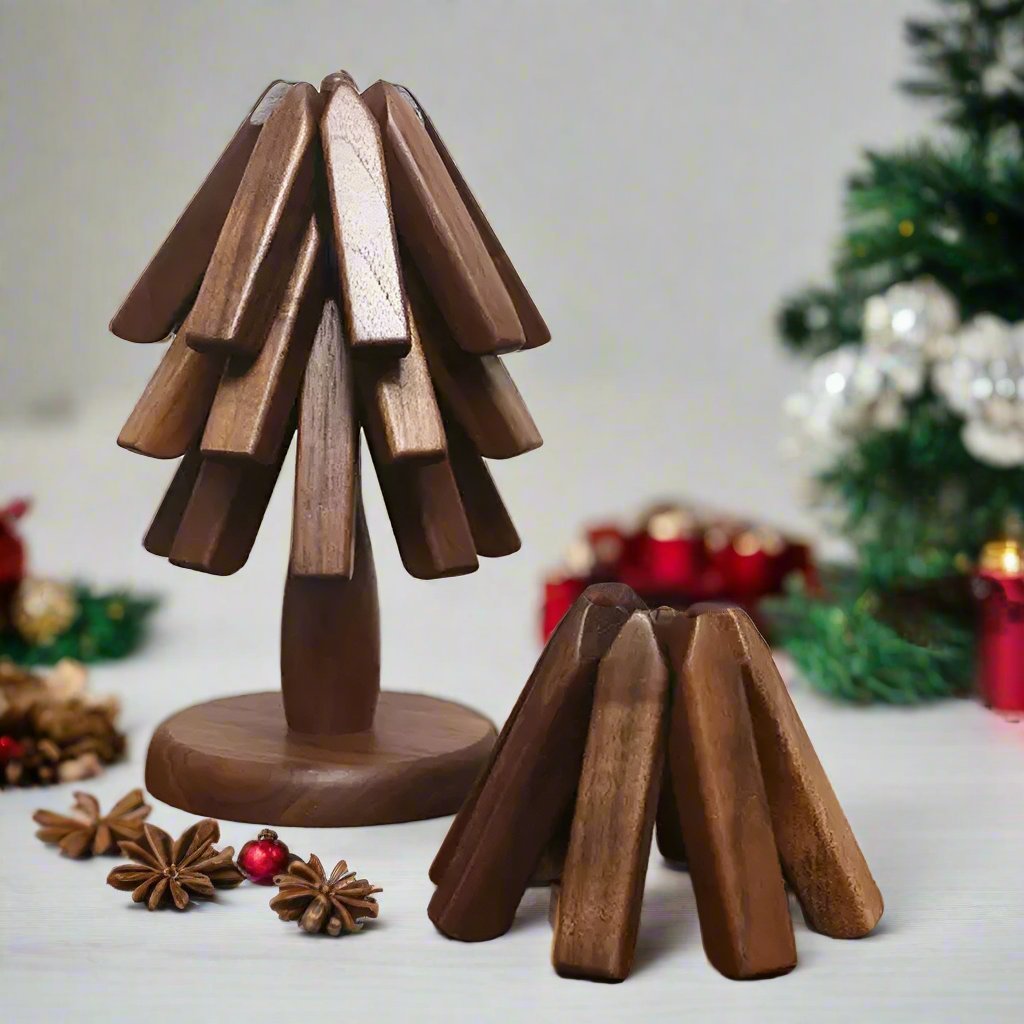 Sandsberg | Schwarznuss Faltbarer Weihnachtsbaum Holzuntersetzer – Kreative hitzebeständige Topfunterlagen & Küchenaccessoires