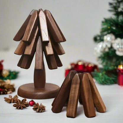Sandsberg | Schwarznuss Faltbarer Weihnachtsbaum Holzuntersetzer – Kreative hitzebeständige Topfunterlagen & Küchenaccessoires