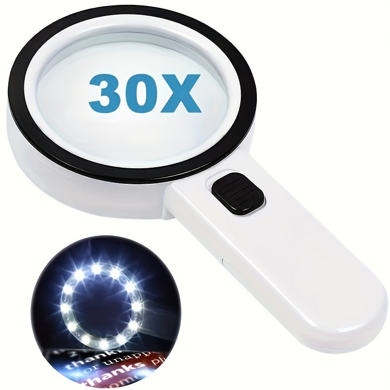 30X Hochleistungs-Handheld-Lupe mit LED-Lichtern - Batteriebetriebene beleuchtete Lupe zum Lesen, für Münzen, Schmuck und Senioren mit Makuladegeneration