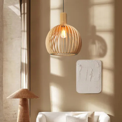 Nordic wooden birdcage lamp, Japanese creative hanging wooden lamp
