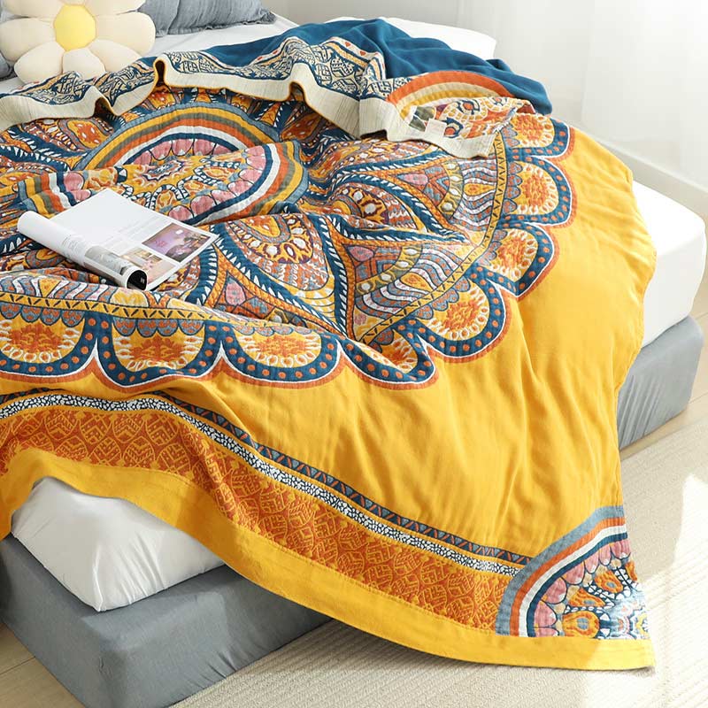 Bohemian Wende-Sommersteppdecke mit gelben Blumen