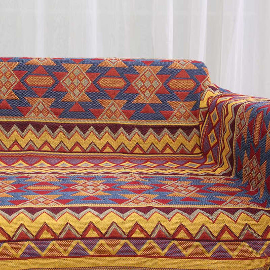 Bohemian Decke mit Quasten und Karomuster in verschiedenen Farben