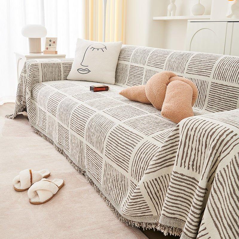 Chenille-Überwurfdecke mit Streifenmuster und Quaste │ Wendbarer Sofabezug aus nordischem Jacquard mit Anti-Katzen-Kratzschutz