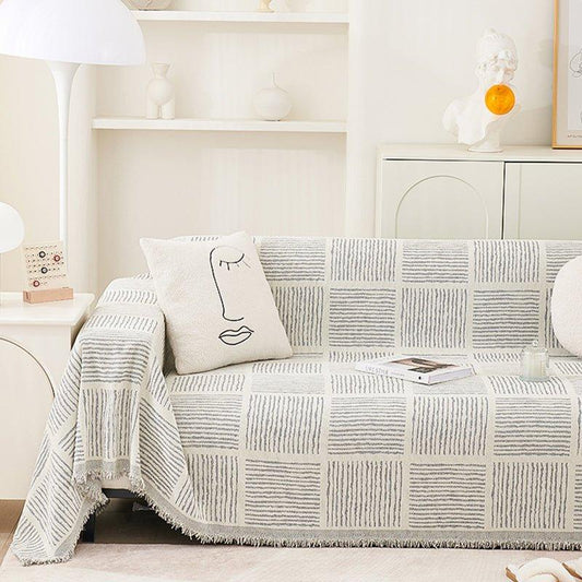 Chenille-Überwurfdecke mit Streifenmuster und Quaste │ Wendbarer Sofabezug aus nordischem Jacquard mit Anti-Katzen-Kratzschutz