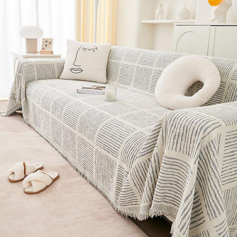 Chenille-Überwurfdecke mit Streifenmuster und Quaste │ Wendbarer Sofabezug aus nordischem Jacquard mit Anti-Katzen-Kratzschutz