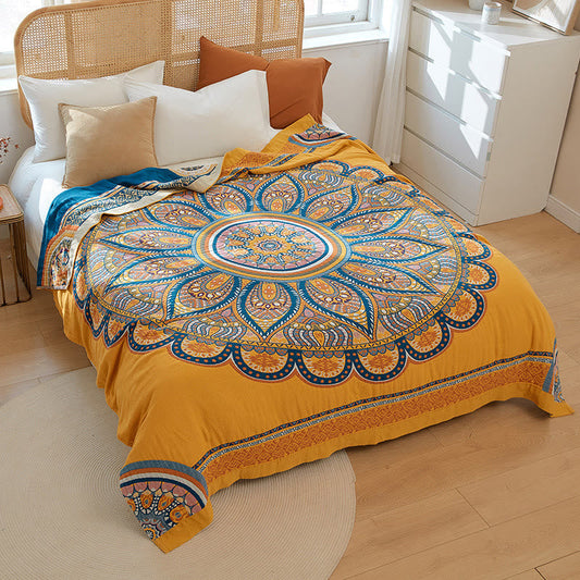 Bohemian Wende-Sommersteppdecke mit gelben Blumen