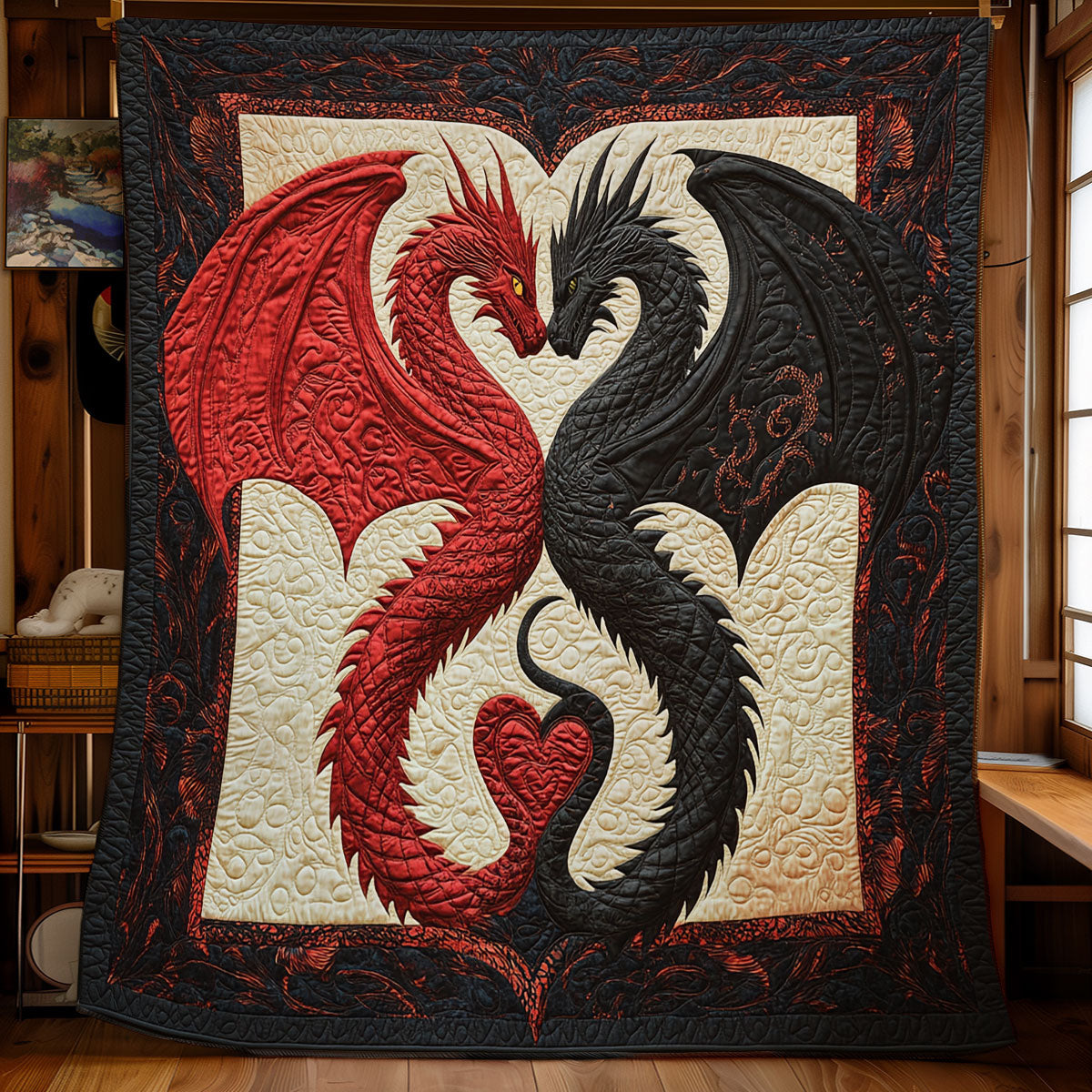 Schwarzer Roter Drache Quilt