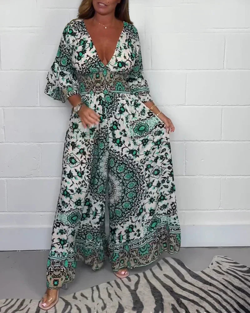 🔥50% Rabatt auf den heißen Verkauf🔥Bedruckter Jumpsuit mit tiefem V-Ausschnitt