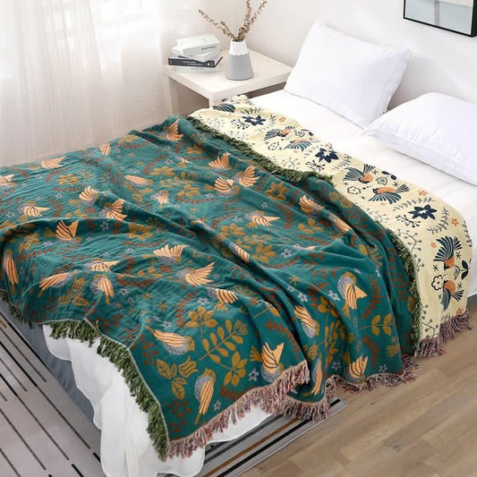 Boho Atmungsaktive Wendedecke mit Blumen und Vögeln