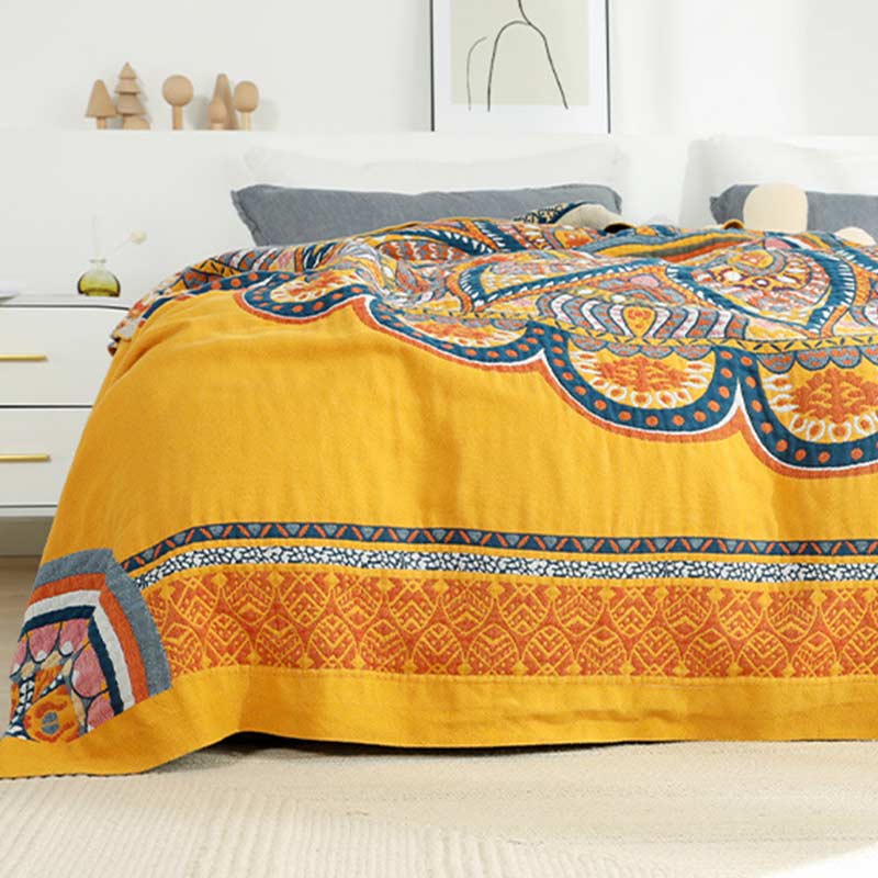 Bohemian Wende-Sommersteppdecke mit gelben Blumen