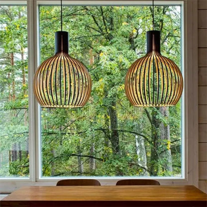 Nordic wooden birdcage lamp, Japanese creative hanging wooden lamp
