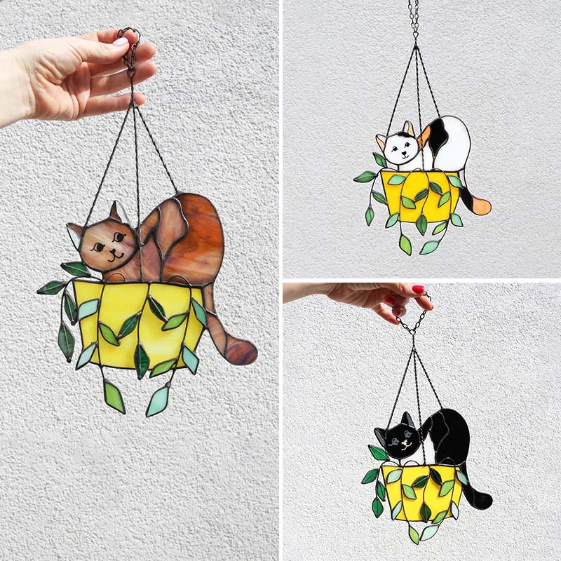 Katze im Blumentopf Suncatcher Buntglasfensterhänger