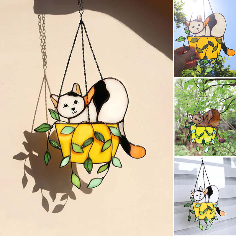 Katze im Blumentopf Suncatcher Buntglasfensterhänger