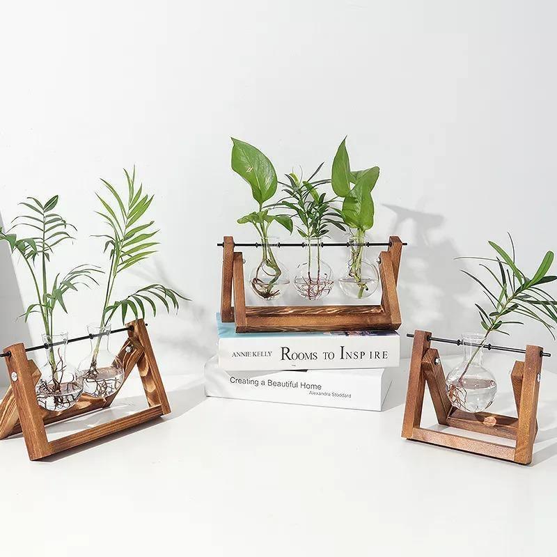Sandsberg Glas Anzuchtvase mit Holzständer | Minimalistisches Design | Pflanzgefäß für Zuhause | Deko für Pflanzenliebhaber