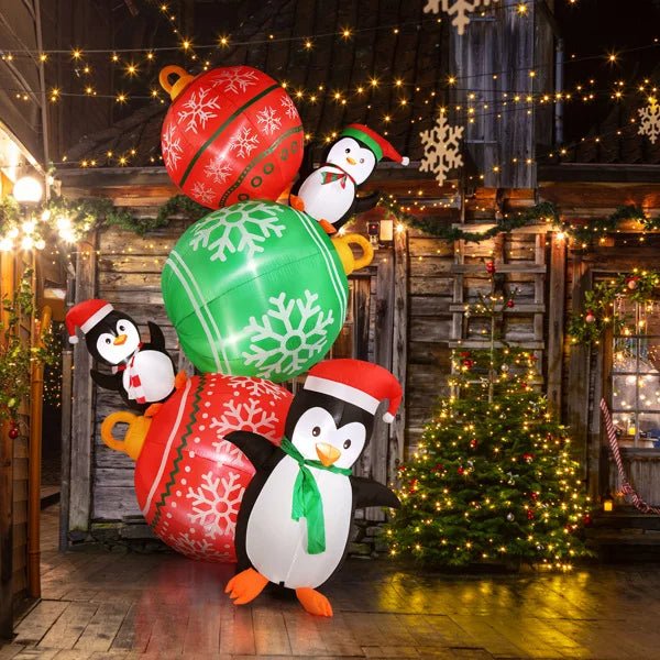 Sandsberg | Aufblasbare Leuchtende Weihnachts-Pinguine & Bunte Ballon-Dekorationen – 2,7 m Festliche Pinguine & Bunte Bälle für Spaß im Garten Display