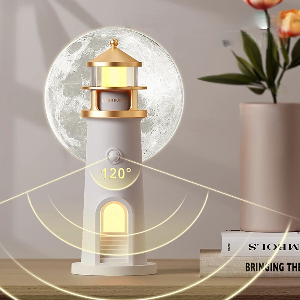 Sandsberg | Lighthouse Moon Projection Lamp – Dimmbares Bluetooth Ambient Light mit Bewegungssensor, perfekt für nächtliche Ruhe & Weihnachtsgeschenke