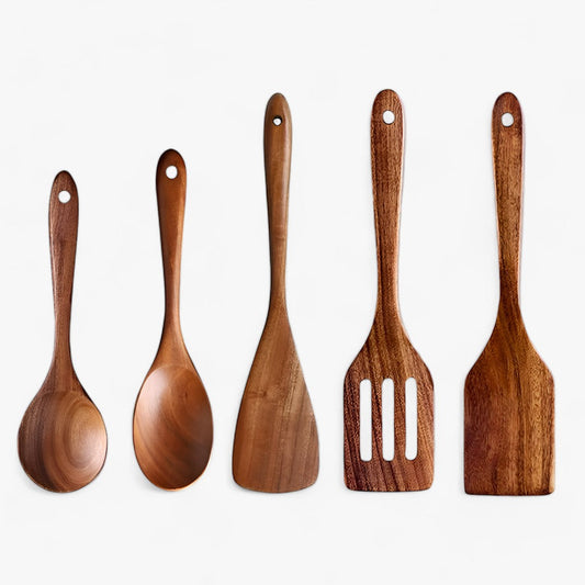 Elegantes Teakholz-Küchenbesteckset, 7-teiliges natürliches Luxus-Kochgeschirr