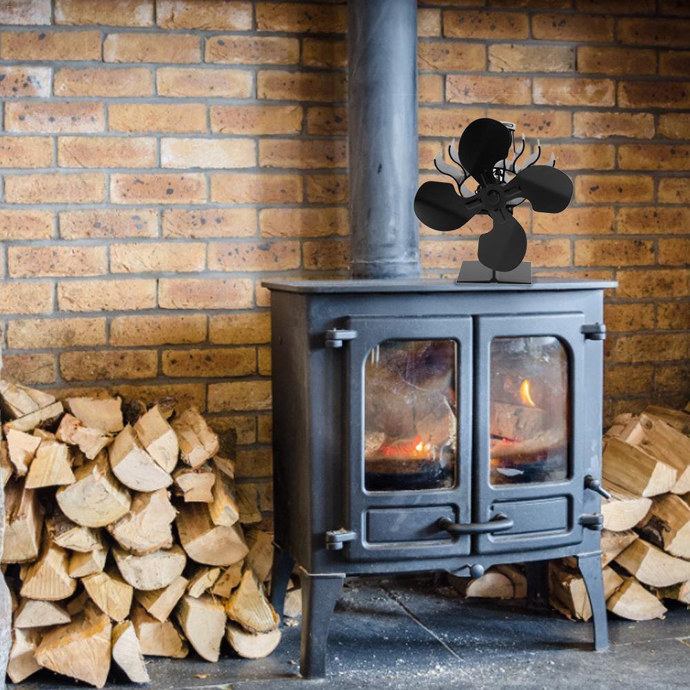 Schwarzer Kamin 4-Blatt Heizungsbetriebener Ofenventilator Holzofen Umweltfreundlicher Leiser Ventilator Zuhause Kamin Effiziente Wärmeverteilung