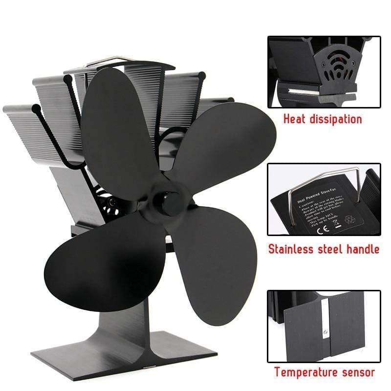 Schwarzer Ofenventilator 4-Flügel-Kaminventilator wärmebetrieben Kamin Holzofen ökologischer Ventilator freundlich leise Zuhause effiziente Wärmeverteilung