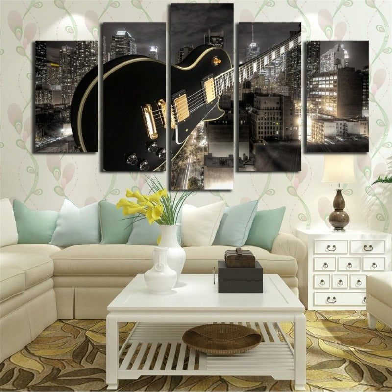 Gitarre und Stadt - Leinwand Wandkunst Malerei