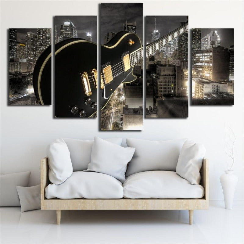 Gitarre und Stadt - Leinwand Wandkunst Malerei