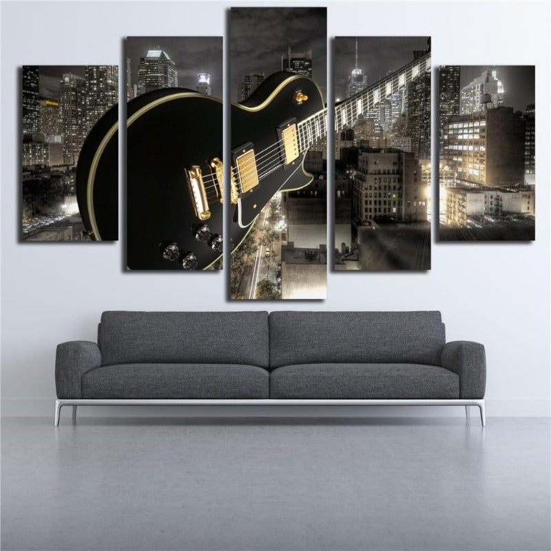 Gitarre und Stadt - Leinwand Wandkunst Malerei