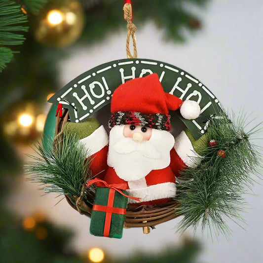Sandsberg | Rustikale Weihnachts Holz- & Rattankranz mit Santa, Schneemann und Elchpuppen – Bezaubernder Feiertagszauber Perfekte festliche Türornamente
