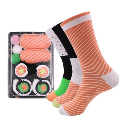 Sandsberg | Sushi Knöchel-Socken Geschenkset – 3-Paar Harajuku Baumwoll-Socken mit verspielten Pizza-, Burger- & Sushi-Designs, perfekt für Weihnachts- oder Geburtstagsüberraschungen