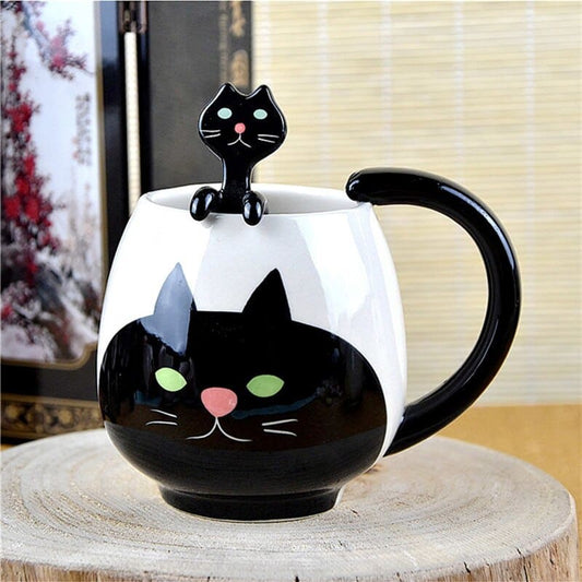 Keramiktasse mit schwarzer Katze und Löffel BRANYKAT™