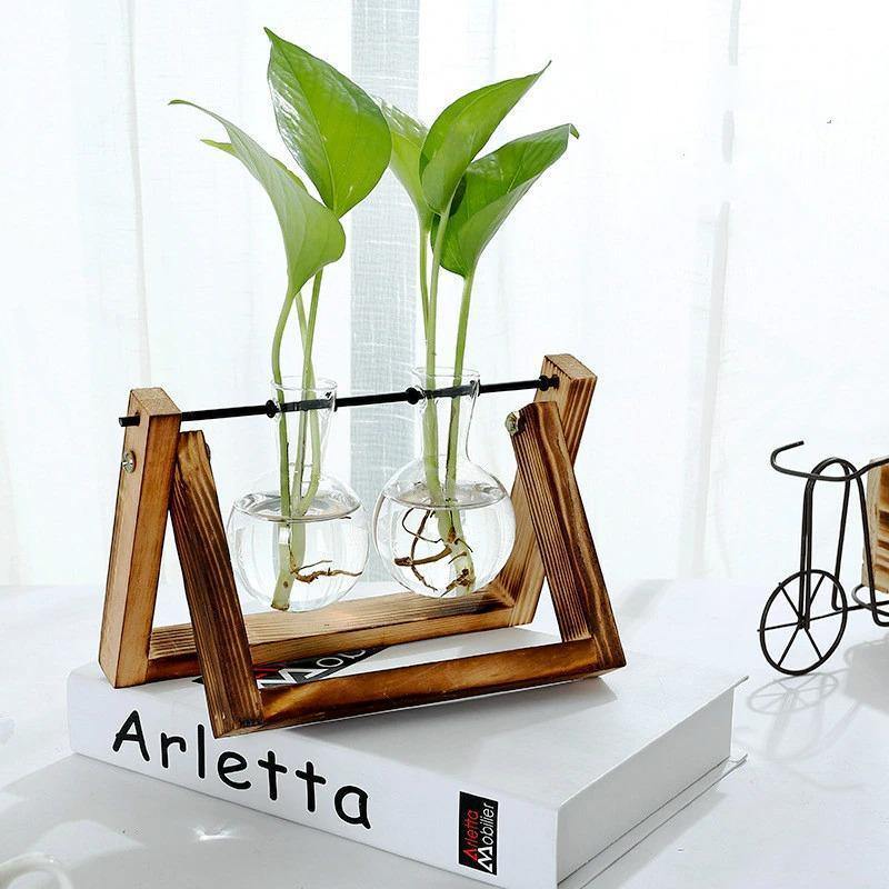 Sandsberg Glas Anzuchtvase mit Holzständer | Minimalistisches Design | Pflanzgefäß für Zuhause | Deko für Pflanzenliebhaber