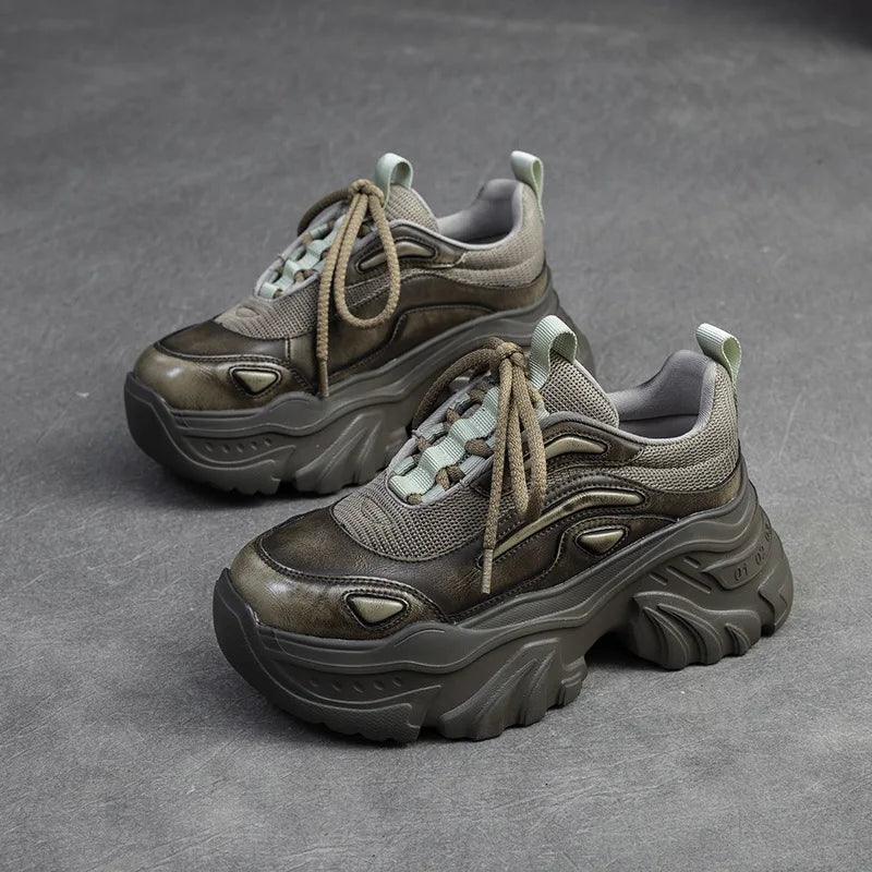 Damen Freizeitschuhe - Erhöhte Sneaker - Leder, Dicksohlenschuhe