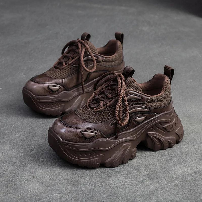 Damen Freizeitschuhe - Erhöhte Sneaker - Leder, Dicksohlenschuhe