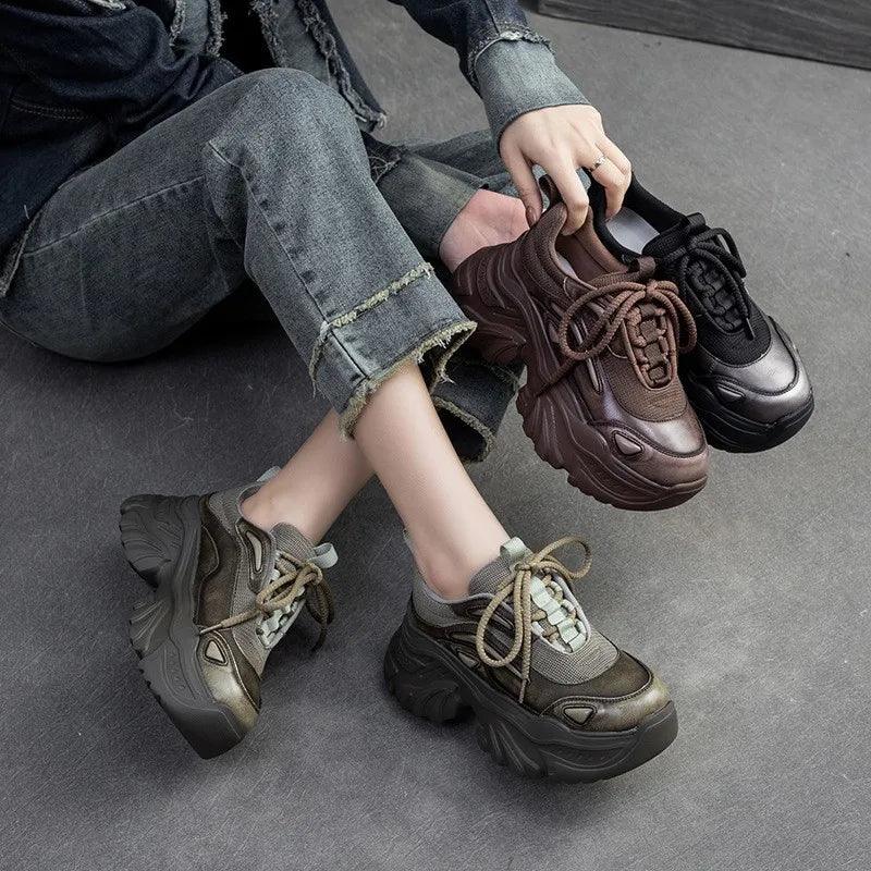 Damen Freizeitschuhe - Erhöhte Sneaker - Leder, Dicksohlenschuhe