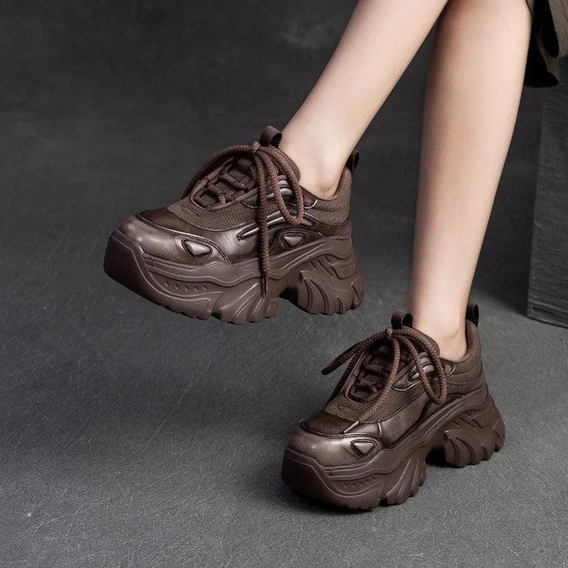 Damen Freizeitschuhe - Erhöhte Sneaker - Leder, Dicksohlenschuhe