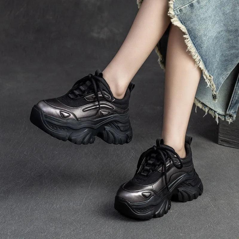 Damen Freizeitschuhe - Erhöhte Sneaker - Leder, Dicksohlenschuhe