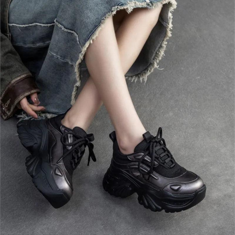 Damen Freizeitschuhe - Erhöhte Sneaker - Leder, Dicksohlenschuhe